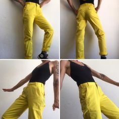 "Vintage pants Levi's LVC Big E Reedition 1990's Cotton chino pants in yellow color. Straight cut. Hook closure with zip. 7 belt loops. 2 front pockets, 2 buttoned back pockets. Tighter ankles with hamstitch. Red label on back waistband. Material: 100% cotton (no label) Condition: Vintage item in very good condition. To note: 3 small spots are present (photo). Price takes into account its flaws. Size: 28 Model wears usually a size S (36/38) and measures 170cm / 66.9\". Measures taken flat : Leng 90s Style Cotton Cargo Pants For Summer, Yellow Straight Leg Bottoms With Pockets, Yellow Straight Pants With Pockets, 90s Style High Waist Cotton Pants, 90s Cotton Bottoms, 90s Style Cotton Long Pants, Yellow Tapered Leg Bottoms For Spring, Yellow Cotton Cargo Pants With Pockets, Yellow Cotton Cargo Pants For Summer