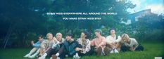 group of people sitting on the grass in front of trees with text that reads stay kids everywhere around the world you make stray kids stay