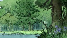 an anime scene with trees and water in the foreground, surrounded by bluebells