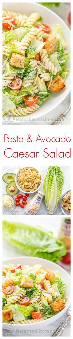 the steps to make pasta and avocado caesar salad are shown in three pictures