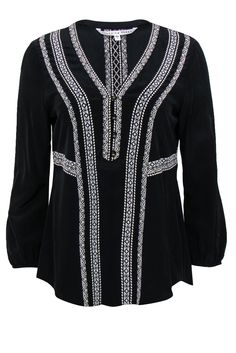 Current Boutique-Veronica Beard - Black Silk Peasant Top w/ White Embroidery Sz 4 Elegant Black Embroidered Summer Top, Bohemian Embroidered Top For Fall, Fitted Bohemian Embroidered Top For Fall, Traditional Black Top For Fall, Black Tops With Embroidered Hem For Fall, Black Fitted Bohemian Embroidered Top, Fitted Black Bohemian Embroidered Top, Fitted Black Embroidered Top For Fall, Traditional Black Embroidered Top For Spring