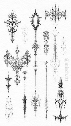 an ink drawing of different designs on paper