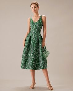 The Green V Neck Floral Pleated Midi Dress & Reviews - Green - Dresses | RIHOAS Tailored Clothes, V Neck Midi Dress, Green Floral Dress, Pleated Midi Dress, Green Midi Dress, Floral Midi Dress, Guest Dresses, Yellow Dress, Dress Details