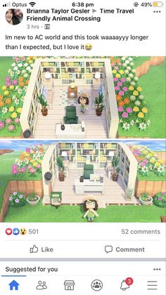 two screens showing the same room in an animal crossing game, and one shows what it looks like