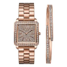 Gold Diamond Watches, Square Jewelry, Bangle Bracelet Set, Stainless Steel Bangles, Women Diamond, Gold Plated Bracelets, Bangle Set, Diamond Watch, Rose Gold Diamonds