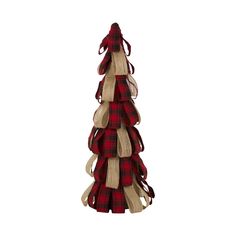 a christmas tree made out of burlocks and plaid ribbon on a white background