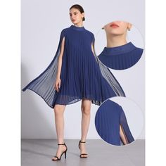 This Allegra K chiffon dress for women features a loose and flowy design with a mock neck and cloak sleeves. The pleated chiffon fabric adds a touch of elegance, making it suitable for various occasions, including casual outings, work, business meetings, cocktail parties, and dates. The knee-length dress is perfect for spring and autumn wear. Pair it with stylish high heels to complete a charming look. The dress is made with a 100% polyester shell and a lining composed of 95% polyester and 5% sp Flowy Chiffon Pleated Dress For Party, Flowy Chiffon Pleated Mini Dress, Blue Flowy A-line Chiffon Dress, Blue Loose Fit Knee-length Chiffon Dress, Blue Flowy Knee-length Chiffon Dress, Flowy Chiffon Pleated Summer Dress, Summer Chiffon Pleated Dress, Pleated Chiffon Dress, Dress Dark Blue