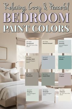 bedroom paint colors with the words relaxing cozy and peaceful bedroom paint colors on it's side