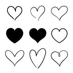 heart shapes drawn in black and white on a white background, each with different colors