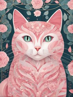 a painting of a pink cat with blue eyes surrounded by flowers and leaves on a dark background