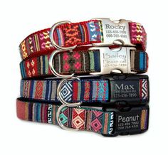 three colorful dog collars, one with a name tag and the other with an id