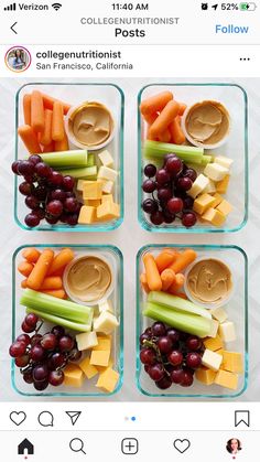 four glass containers filled with different types of fruits and vegetables, including carrots, grapes, celery, cheese, and hummush