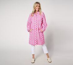 It's time to banish the bulky jackets to the back of the closet and lean into lighter weight coats -- like this fresh gingham car coat from the prince of prints, Isaac Mizrahi. Its button-front ease, trench coat inspiration, and just-right length make dashing in and out (and between sprinkles) a breeze. Plus, the bold check print is designed to deliver your notice-me moment. From Isaac Mizrahi Live!TM. Spring Daywear Plaid Outerwear, Plaid Outerwear For Spring Daywear, Spring Gingham Long Sleeve Outerwear, Coat Inspiration, Adaptive Clothing, Petite Jacket, Car Coat, American Leather, Isaac Mizrahi