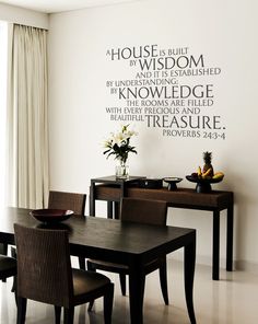 a dining room table and chairs in front of a wall with words on it