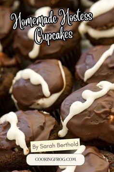 homemade hostess cupcakes with chocolate frosting and white icing on the top