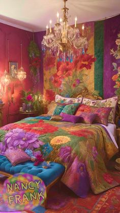 a bedroom decorated in bright colors with chandelier above the bed and flowers on the wall