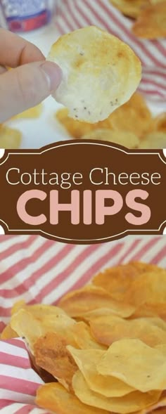 a person holding a tortilla chip in their hand with the words cottage cheese chips above it