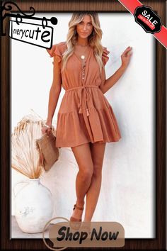 Orange Ruffled Sleeves Drawstring Tunic Mini Dress Brown Ruffled Mini Dress For Beach, Brown Ruffled Mini Dress For Vacation, Ruffled Sleeves, Mini Dresses, Women Dresses, Dresses Mini, Shop Now, Mini Dress, Orange