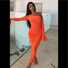 New With Tags Dress One Shoulder Long, Orange Midi Dress, Pencil Skirt Dress, Ruched Midi Dress, Loungewear Women, Fashion Nova Dress, Orange Fashion, Curve Dresses, Neon Orange