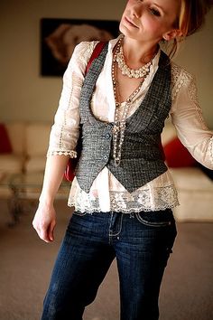 mens wear vest with lace blouse. i like it. Shirts Under Vests Long Sleeve, Suit Vest With Jeans, Waistcoat And Jeans Outfit, Womens Vest Outfit Casual, Women Vest Outfits, Lacy Shirt, Vest Jeans, Vest Outfits For Women