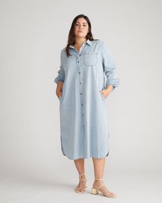 Blue Collared Relaxed Fit Shirt Dress, Blue Relaxed Fit Collared Shirt Dress, Blue Collared Shirt Dress With Relaxed Fit, Light Blue Button-up Dress For Daywear, Light Blue Long Sleeve Relaxed Fit Dress, Light Blue Long Sleeve Dresses With Relaxed Fit, Blue Cotton Button-up Midi Dress, Blue Button-up Cotton Midi Dress, Light Wash Button-up Work Dress