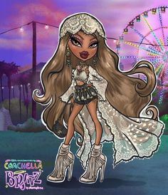 a girl with long hair and high heels standing in front of a carnival ferris wheel