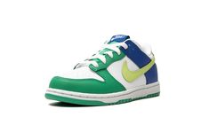 The Nike Dunk Low PS "Green/Blue" is the preschool sizing of the retro basketball shoe in a colorway with unique green and blue color blocking.  Released exclusively in kids sizing, the “Green/Blue” Dunk Low features a white leather construction with Stadium Green leather overlays on the toe cap, forefoot, and eyelets.  Game Royal leather panels are seen on the collar and heel.  A Lemon Twist-colored leather Swoosh appears on the mid-panel.  “Nike” branding is located on both the heel and tongue Lemon Twist, Nike Branding, Retro Basketball Shoes, Retro Basketball, Nike Brand, Nike Kids, August 1, Blue Nike, Green Shoes