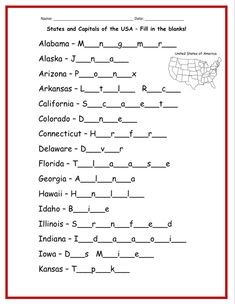 Worksheet includes the US state with the capital next to it. Students will fill in the blank letters for each capital! 
Example: 
Alabama: M_n_g_m_r_y 50 States Activities, 50 States And Capitals, Homeschooling Lessons, Teaching Worksheets, Geography Worksheets, Pineapple Lemonade, February Crafts