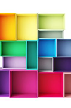 multicolored shelfs with different shapes and sizes on each side, all stacked together