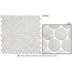 the tile is made of recycled glass and has white circles on it, as well as a