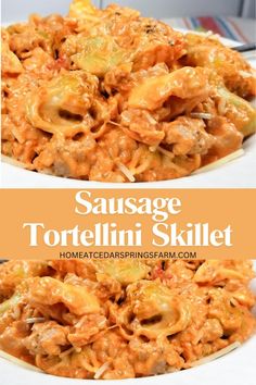 sausage and tortellini skillet is shown in two separate images with the title above it