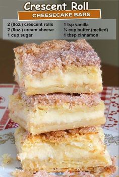 three pieces of cheesecake bars stacked on top of each other