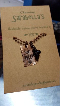 Queen bee necklace by CharmingSarabella on Etsy Copper Stamped Necklace For Gift, Copper Stamped Necklace Perfect For Gifts, Bee Necklace, Custom Charms, Small Pillows, Charm Necklaces, Pillow Box, Dec 30, Necklace Charm