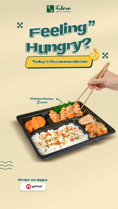 a person holding chopsticks over a tray of food with the words feeling hungry? today's recommationation