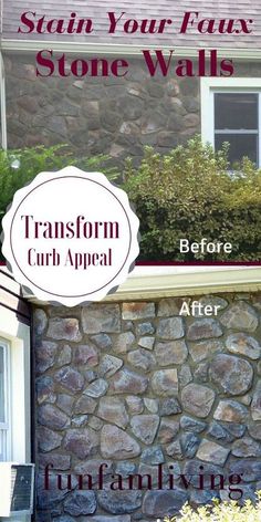 stone wall before and after cleaning with text overlay that says stain your faux stone walls