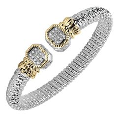 Vahan 8mm Sterling Silver & 14K Yellow Gold Diamond Pave "Regal" Bangle Bracelet Featuring 0.24 Carats Round Cut Pave Set Diamonds Not sure which size to order? Watch our bracelet sizing video here Bracelet takes 2-3 weeks for Vahan to create and will ship immediately. Rush delivery available depending on style and upon request Diamonds are SI clarity and G/H color - 24 diamonds in bangle bracelet Bangle is 8mm wide and flexible Bangle opens up for easy slip on wear Made in USA Includes bang Vahan Bracelets, Vahan Jewelry, Bangle Box, Pave Bracelet, Beautiful Diamond Rings, Jewelry Appraisal, Diamond Bangles Bracelet, Open Bangle, Diamond Bangle