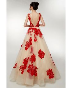 Buy Open Back Champagne Long Tulle Party Dress With Red Butterflies at affordable price online. Free shipping and pro custom service since 2009. Red A-line Tulle Dress, Red A-line Gown For Party, Red Tulle Dress For Gala, Red Tulle Evening Dress For Gala, Red Tulle Evening Dress For Party, Red Tulle Evening Dress For Formal Events, Red Tulle Dress For Party Season, Red Sleeveless Gown For Spring, Red Summer Gala Evening Dress