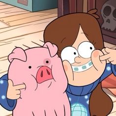 a woman holding a pink pig in her right hand and pointing to it's face