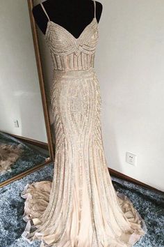 Luxurious Trumpet Spaghetti Sleeveless Long Beading Prom Dress OKA23 Champagne Prom Dress Mermaid, Cheap Prom Dresses Uk, Champagne Prom Dress, Gold Evening Dresses, Evening Dress Long, African Prom Dresses, Mode Tips, Spaghetti Strap Prom Dress