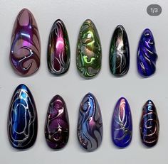 Chrome Design Nails, Universe Nails, 2d Nail Art, Cyberpunk Nails, Texture Nails, Nails Drawing, A Very Hungry Caterpillar, Nails Press Ons, Food Nails