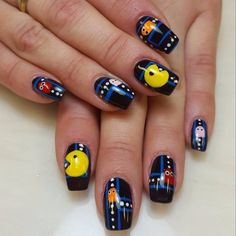 Pacman Nails, Pac Man Nails, Unusual Nails, 80s Nails, Nail Sunny, Disney Nail Art, Black Ombre Nails, Disney Nail, Pastel Nails Designs