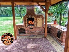 an outdoor fireplace with bbq grill and brick patio