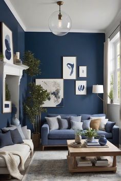 a living room with blue walls and couches in it's centerpieces