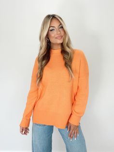 Orange Trendy Oversized Knit Turtleneck, Trendy Oversized Spring Turtleneck, Trendy Oversized Turtleneck With High Neck, Trendy Oversized High Neck Turtleneck, Trendy Spring Knit Turtleneck, Stretch Turtleneck Sweater For Everyday, Trendy High Neck Sweater For Layering, Everyday Stretch Turtleneck Sweater, Trendy Turtleneck Soft Knit Sweater