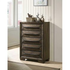 a wooden dresser with drawers in a room