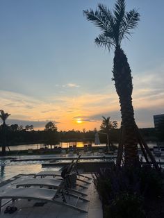 the sun is setting over an outdoor swimming pool with lounge chairs and palm tree in foreground