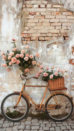 a bicycle with flowers in the basket parked against an old brick wall and stone steps