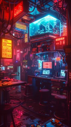 a room filled with computer monitors and neon lights