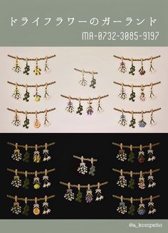 an advertisement with several different types of necklaces hanging from clothes pins and strings in various colors