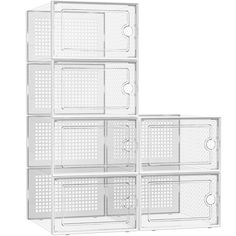 four clear plastic boxes stacked on top of each other with holes in the bottom and sides